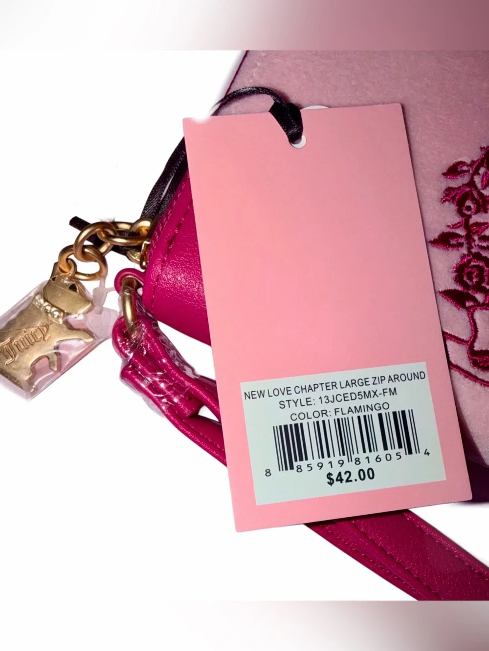 Juicy Couture New Love Chapter Pink Flamingo Large Zip Around Velour Wallet